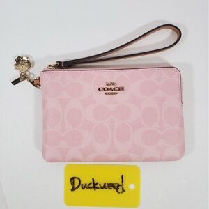 Coach Corner Zip Wristlet & Charms Powder Pink Signature Canvas & Leather NWT